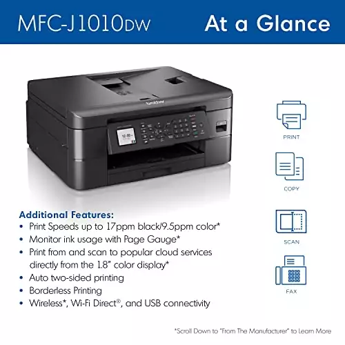 Brother MFC-J1010DW Wireless Color Printer: Perfect for Teachers. Offers Mobile Printing & Classroom Features, Including Duplex Printing Capability.