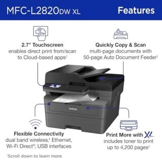 Optimized wireless laser printer for educators with versatile functionalities: scan, copy, fax. Enhance efficiency with the Brother MFC-L2820DW XL model.
