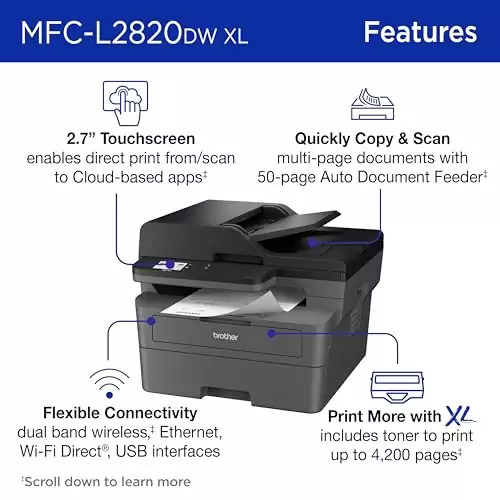 Optimized wireless laser printer for educators with versatile functionalities: scan, copy, fax. Enhance efficiency with the Brother MFC-L2820DW XL model.