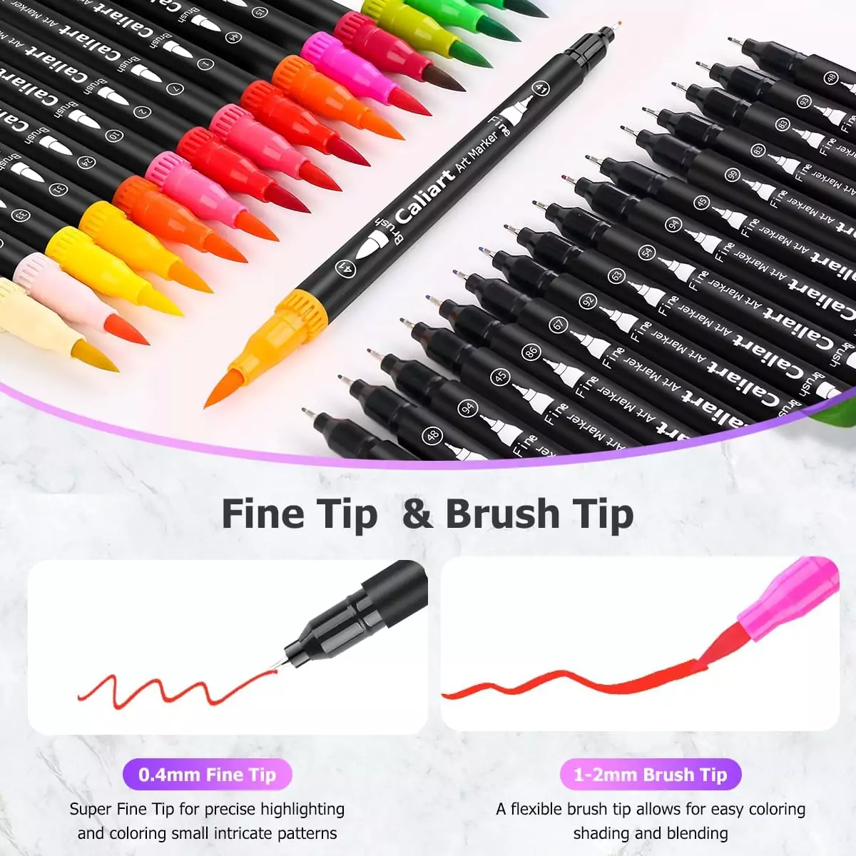 Caliart 34 Dual Tip Brush Pens: Ideal for Art Enthusiasts and Students, Offering a Vibrant Selection of Colors for Creative Projects and School Supplies