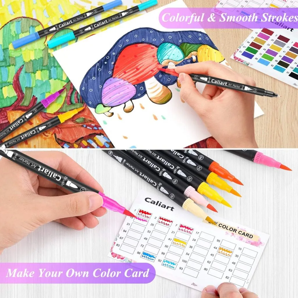 Caliart 34 Dual Tip Brush Pens for Creative Art: Vibrant, Aesthetic School Supplies for Teachers and Students. Ideal for Colorful Educational Projects.
