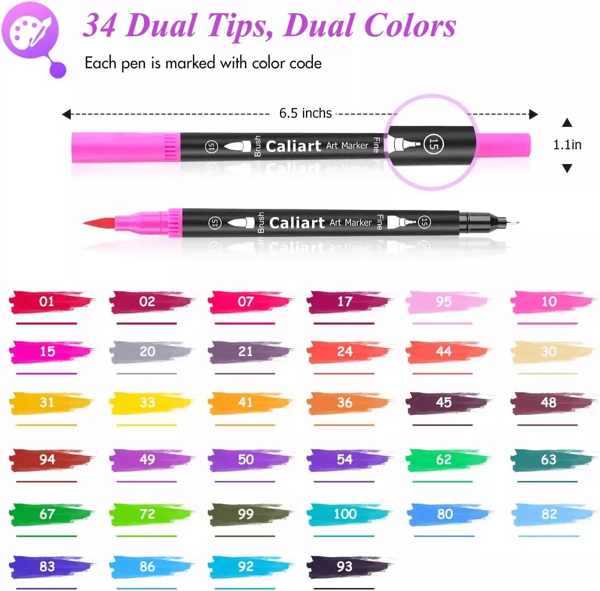 Vibrant Caliart Dual Tip Brush Pens ideal for enhancing creative art projects with vivid colors and versatile dual-ended design for artists.