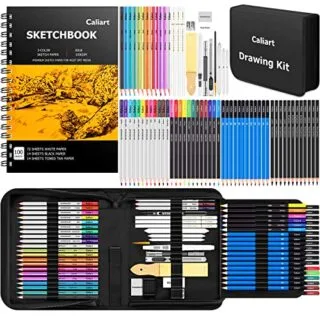 Caliart 176-Piece Sketch Kit features a 100-sheet multicolor sketchbook, enhancing creativity for artists and educators with premium art supplies.