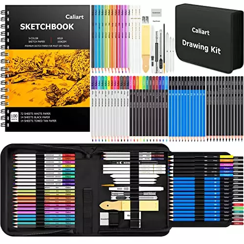 Caliart 176-Piece Sketch Kit features a 100-sheet multicolor sketchbook, enhancing creativity for artists and educators with premium art supplies.