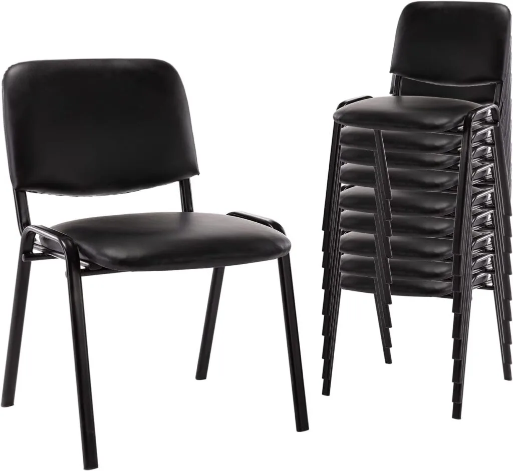 Set of 10 stackable PU leather chairs designed for comfortable seating in office spaces or meeting rooms, offering durability and style.