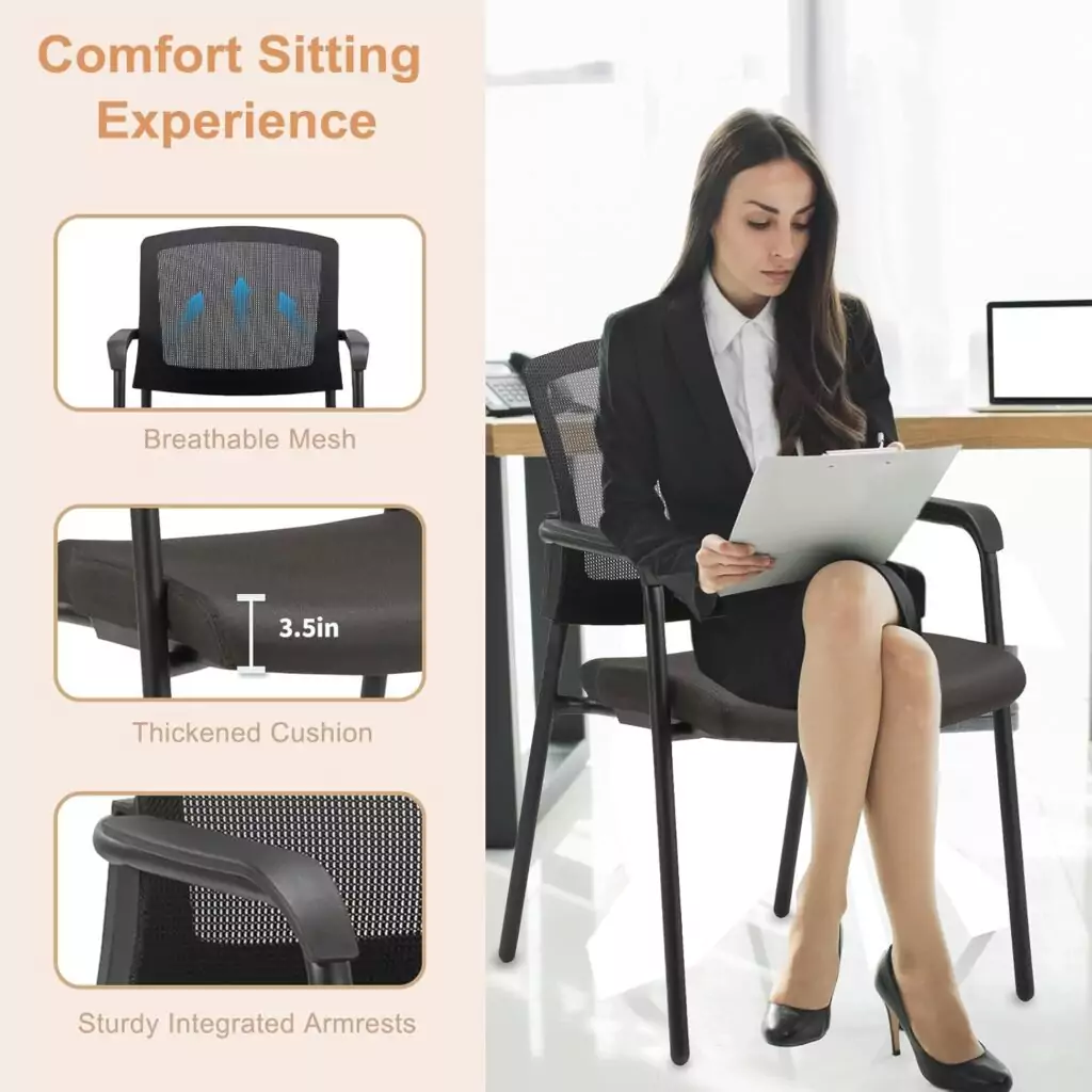 Ergonomic guest classroom chair with mesh back and lumbar support enhances educator comfort, ideal for prolonged teaching sessions.