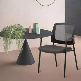 Ergonomic mesh back guest chair offers modern stackable design and lumbar support, perfect for educator comfort in classroom settings.