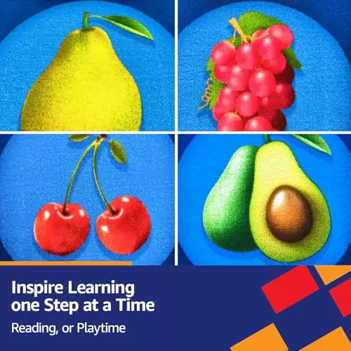 Colorful 24-seat classroom featuring a fruit-themed rug and educational rainbow playmat, designed to enhance interactive learning experiences.