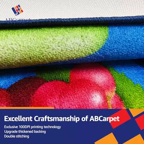 Colorful classroom rug featuring an educational fruit design. This 7x13 playmat provides seating for 24, enhancing learning and play in educational spaces.