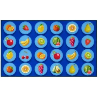 Colorful classroom fruit rug designed for educational settings, offering 24 seating spots to enhance learning decor with vibrant imagery and functionality.