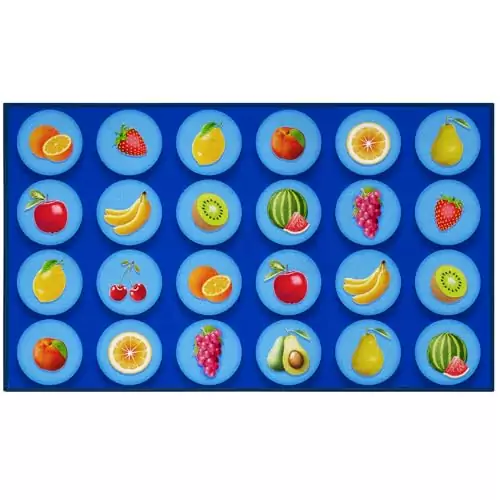 Colorful classroom fruit rug designed for educational settings, offering 24 seating spots to enhance learning decor with vibrant imagery and functionality.