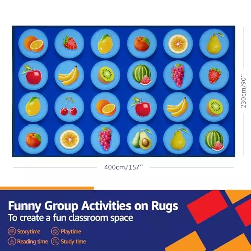 Colorful fruit-themed classroom rug with 24 seats; perfect for educational play and vibrant learning environments. Ideal for classrooms and play areas.