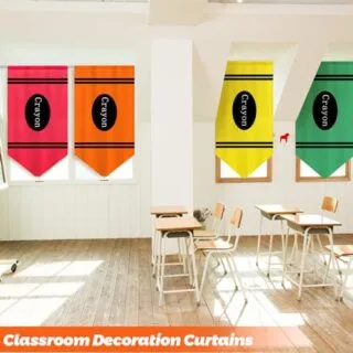 Enhance your classroom with colorful crayon-themed curtains, the perfect back-to-school decor to create a vibrant and engaging learning environment.
