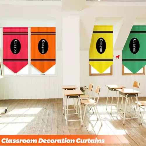 Enhance your classroom with colorful crayon-themed curtains, the perfect back-to-school decor to create a vibrant and engaging learning environment.