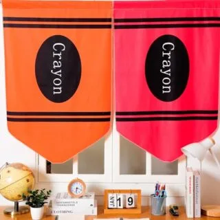 Colorful crayon-printed classroom curtains enhance learning spaces, providing a vibrant, educational environment ideal for school-themed decor.