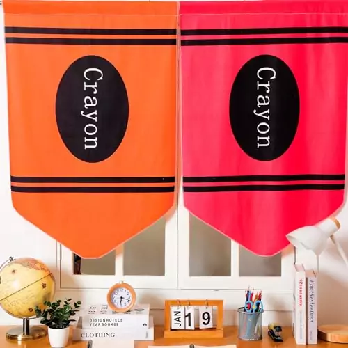 Colorful crayon-printed classroom curtains enhance learning spaces, providing a vibrant, educational environment ideal for school-themed decor.