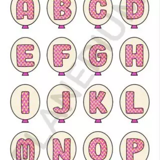 Alphabet letters on pink zigzag balloons.