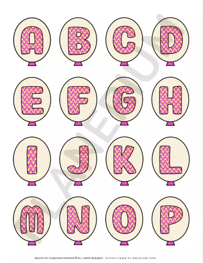 Alphabet letters on pink zigzag balloons.