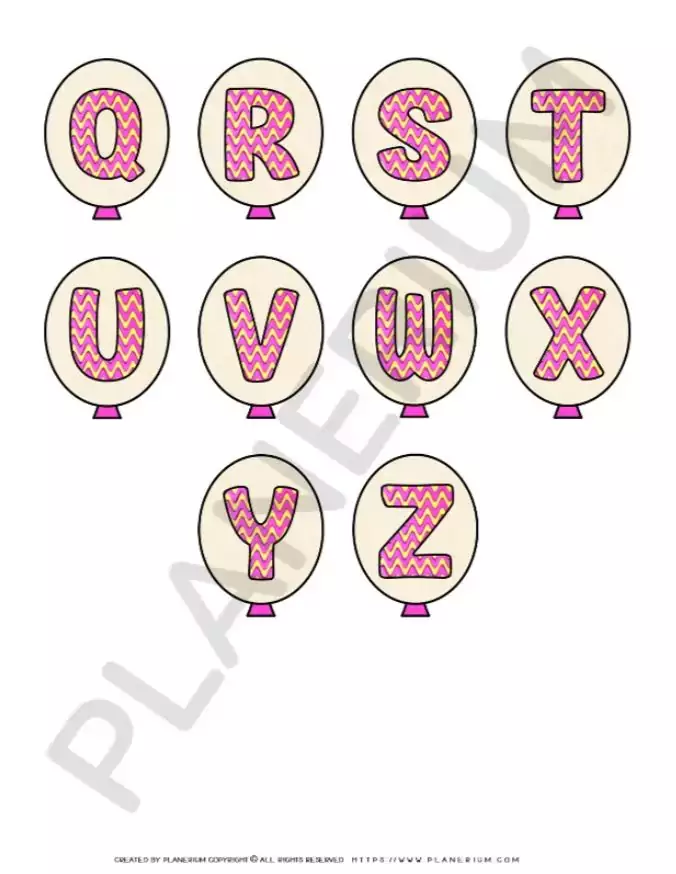Balloon letters O-Z with pink chevron pattern.