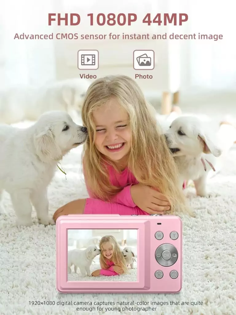 Compact 1080p digital camera with 16x zoom and anti-shake feature, ideal for educators capturing high-quality photographs in various educational settings.