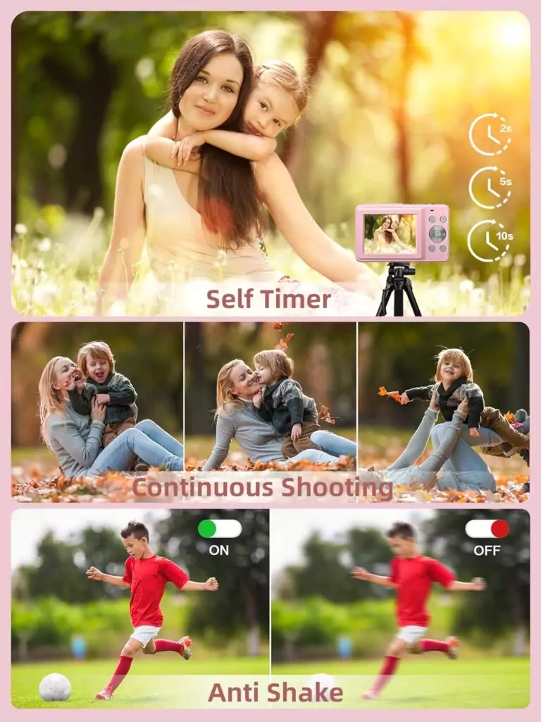 Compact digital camera with FHD 1080p resolution and 16x zoom, ideal for educators' photography, offering clear images and versatile features.