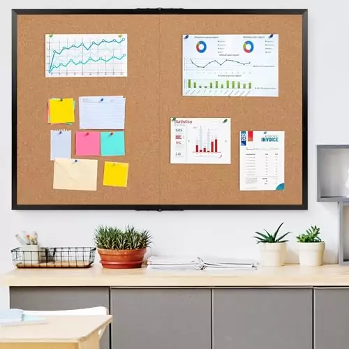 Foldable black frame cork board, ideal for classroom and office use, enhances display options with its spacious, versatile design.