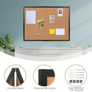 Foldable 36x48 cork board with sleek black wood frame, ideal for classrooms and offices, perfect for organizing notes and memos efficiently.