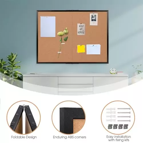 Foldable 36x48 cork board with sleek black wood frame, ideal for classrooms and offices, perfect for organizing notes and memos efficiently.