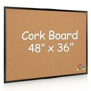 Foldable 36x48 Cork Board with Black Wood Frame, ideal for versatile use in classrooms or offices; perfect for displaying notes, schedules, or messages.