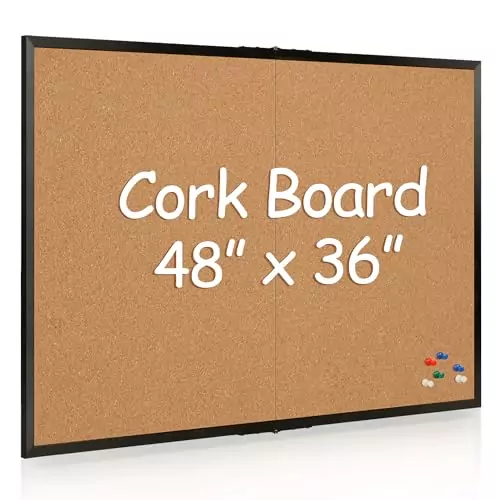 Foldable 36x48 Cork Board with Black Wood Frame, ideal for versatile use in classrooms or offices; perfect for displaying notes, schedules, or messages.