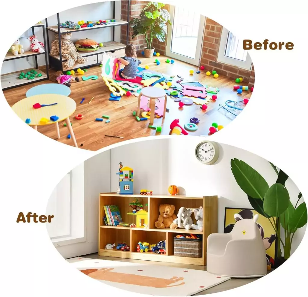 Costzon 2-Shelf Kids Bookcase: Wooden Toy Organizer with 5 Sections for Classroom Storage, Ideal for Organizing Books and Toys Efficiently.