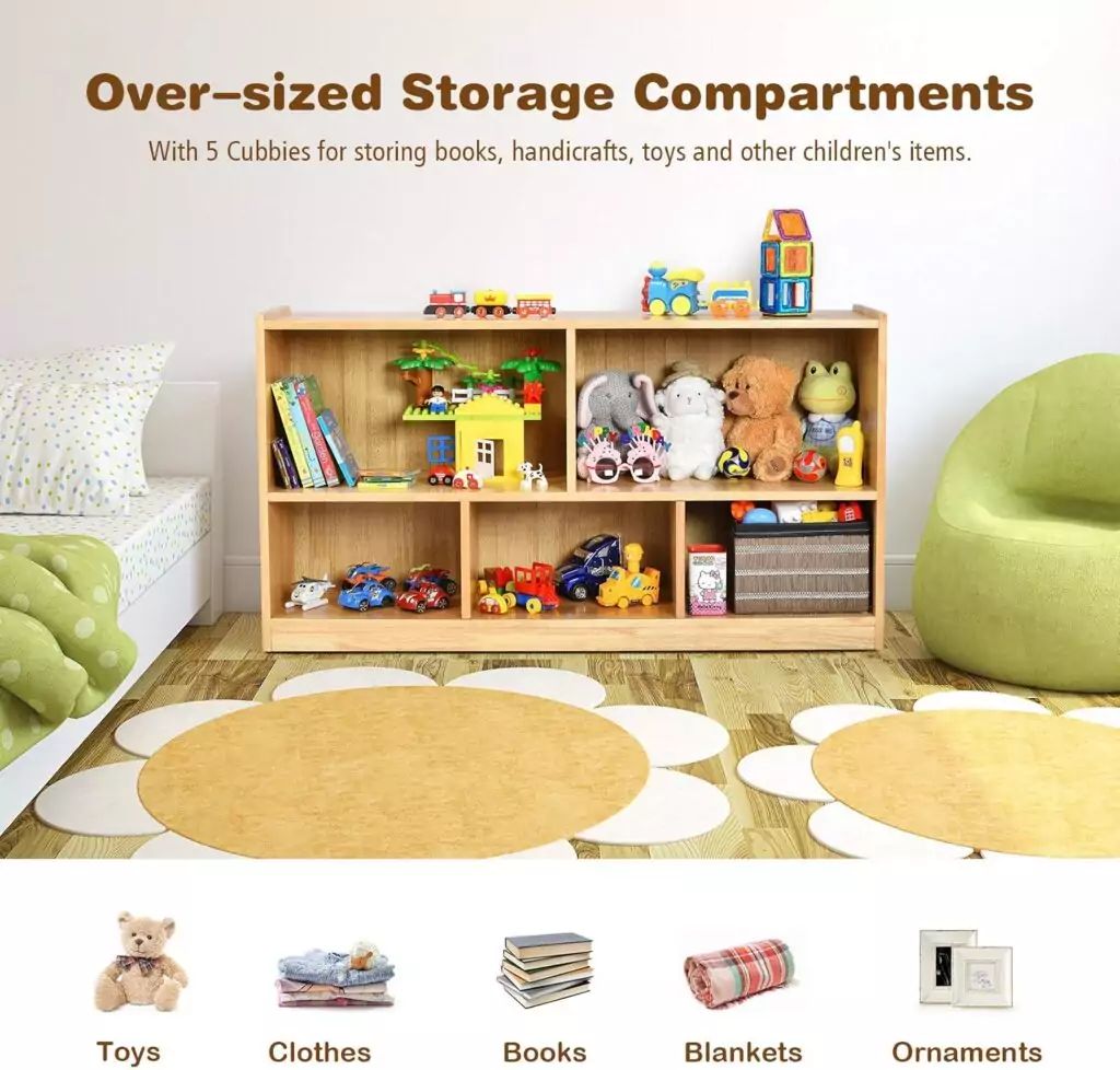 Efficient wooden kids bookcase organizer featuring a 2-shelf, 5-section design ideal for classroom storage and keeping books neatly arranged.