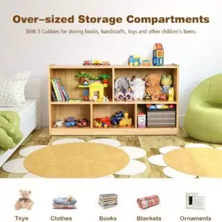 Efficient wooden kids bookcase organizer featuring a 2-shelf, 5-section design ideal for classroom storage and keeping books neatly arranged.