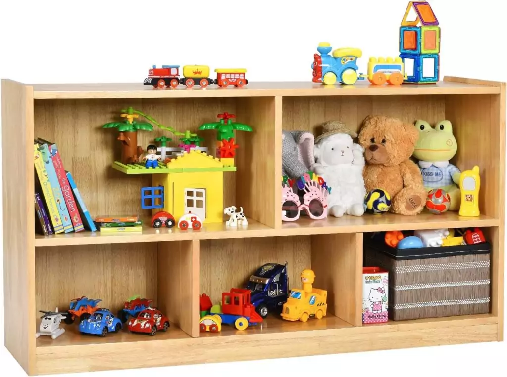 Costzon Wooden Kids Bookcase and Toy Organizer is perfect for classrooms. Featuring 2 shelves and 5 sections, it offers an efficient storage solution.