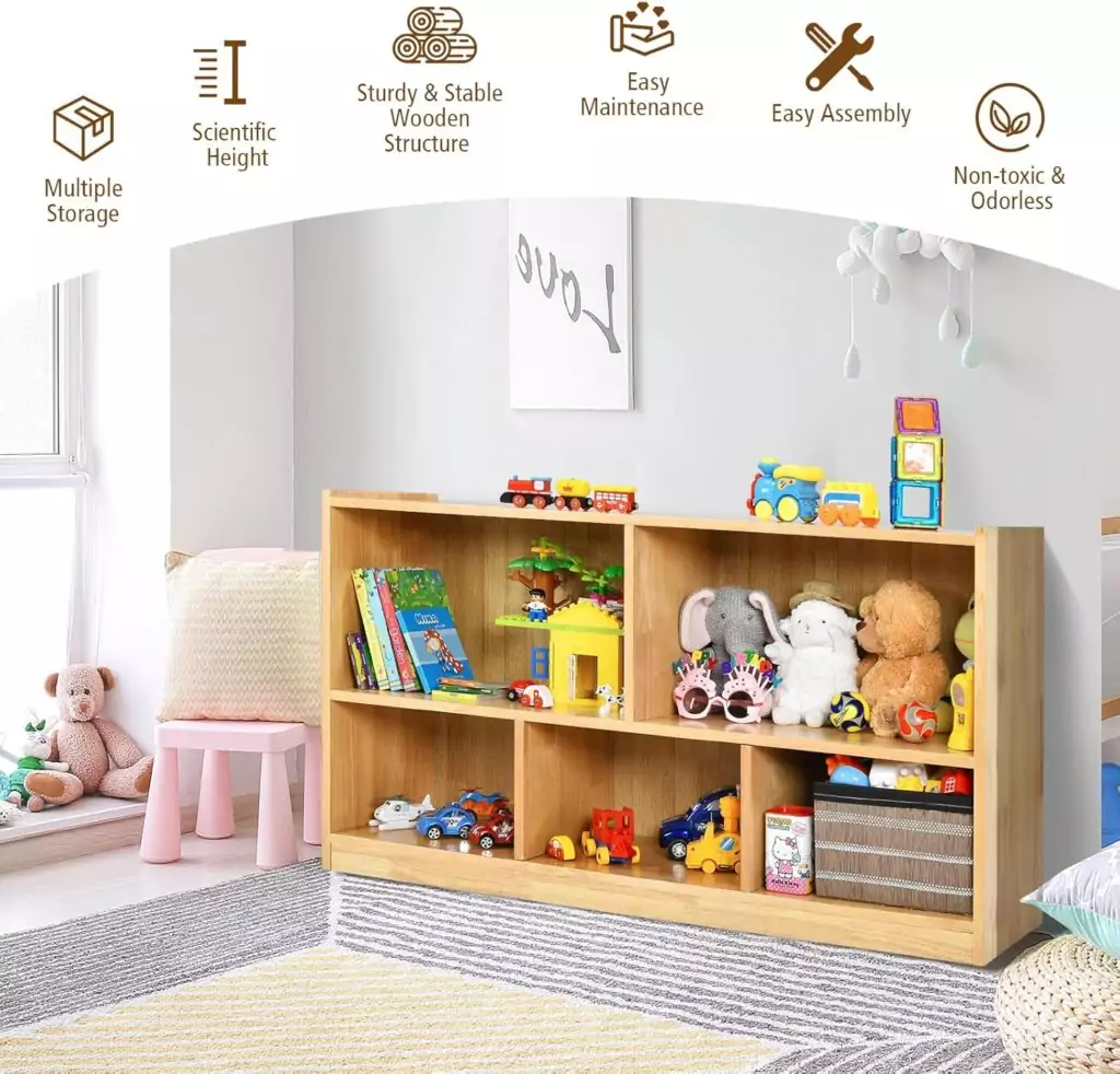 Costzon Wooden Toy Organizer features a 2-shelf kids bookcase integrated with a 5-section storage design, perfect for classroom organization.