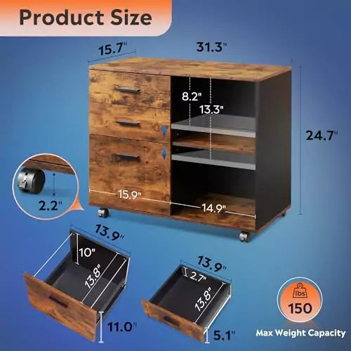 Mobile file cabinet with three drawers and printer stand, ideal for organizing educator office spaces efficiently and stylishly.