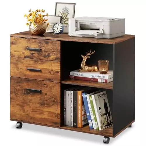 Devaise mobile file cabinet features three drawers and a printer stand, ideal for efficient office organization and easy file storage solutions.