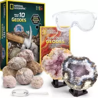STEM Kit for Educators: Premium Geodes Set with Safety Goggles and Display Stands for Interactive Learning and Hands-On Geology Exploration.