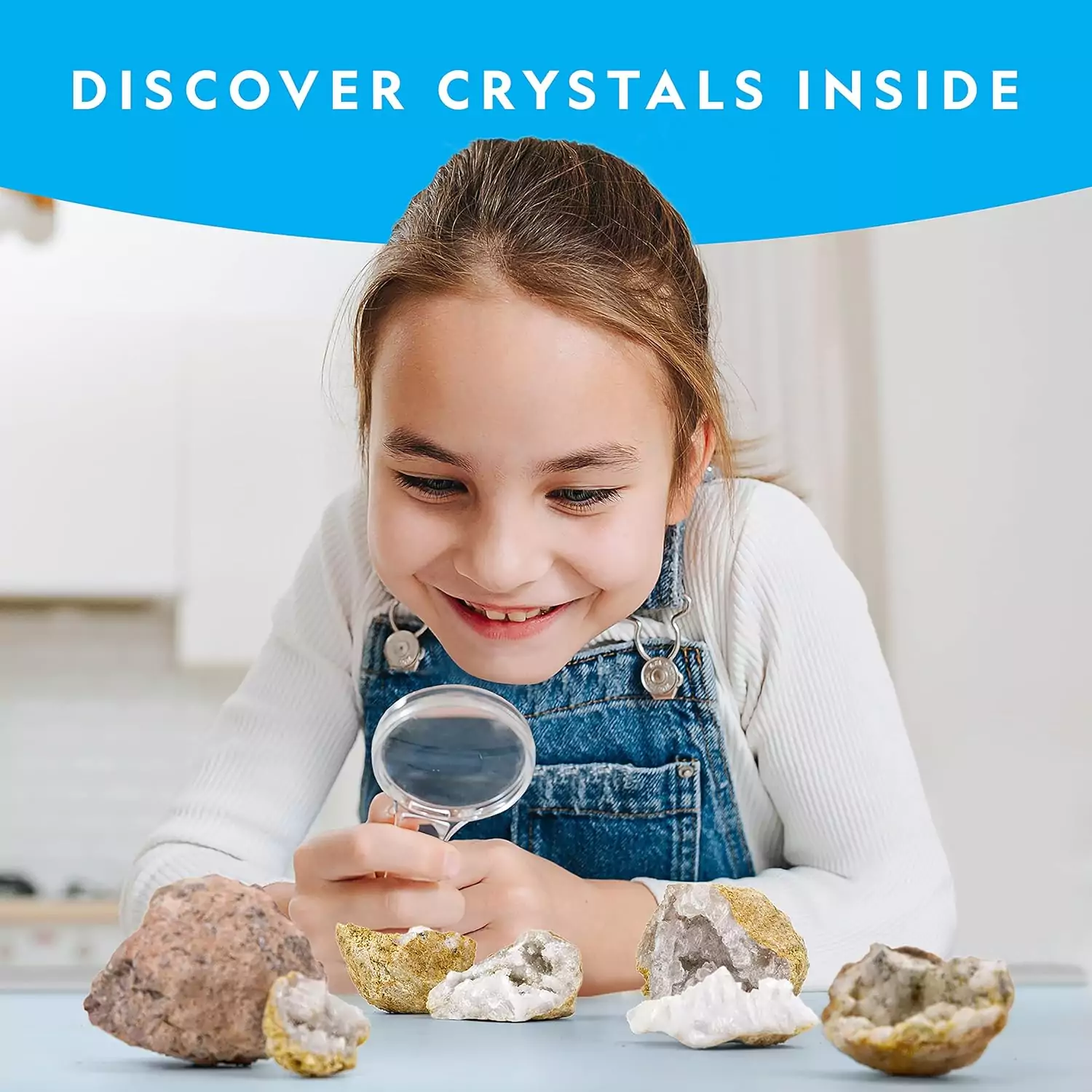 Explore the Premium Geodes STEM Kit featuring 10 unique geodes, safety goggles, display stands, and an educator guide for an engaging learning experience.