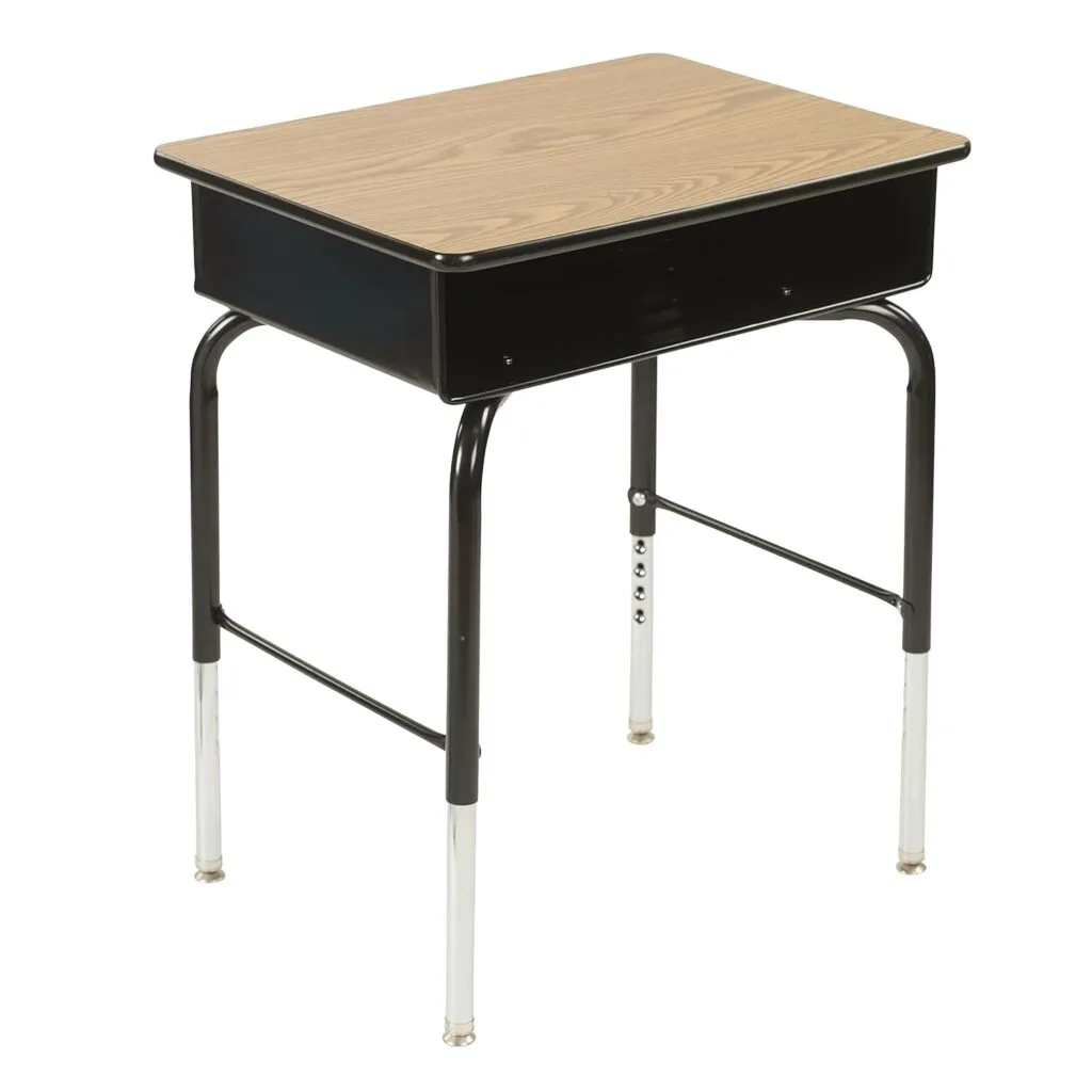 Adjustable oak-finish classroom desk with metal storage, ideal for educational settings and flexible learning environments.
