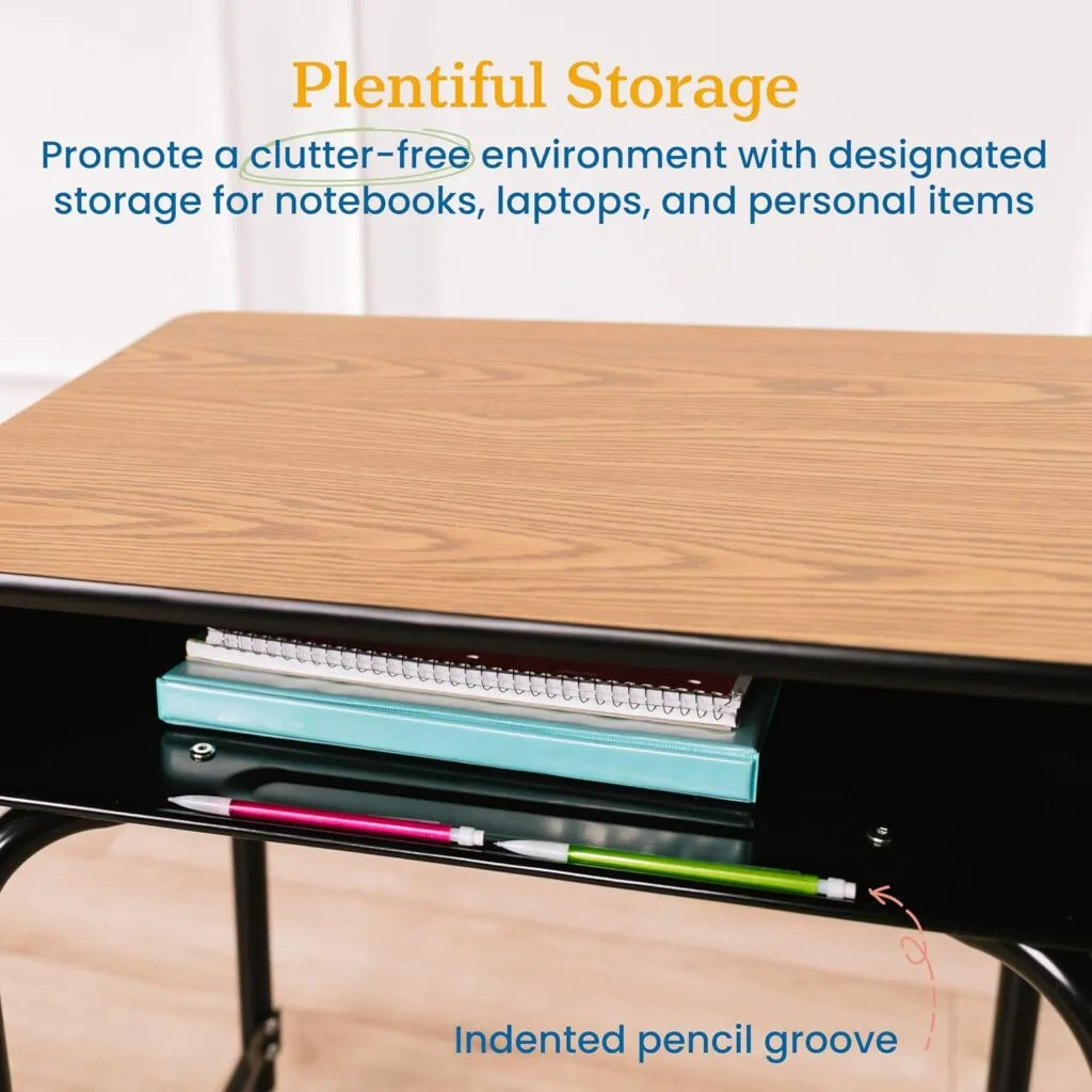 Adjustable desk with metal storage unit, featuring an oak finish, ideal for enhancing classroom furniture in educational environments.