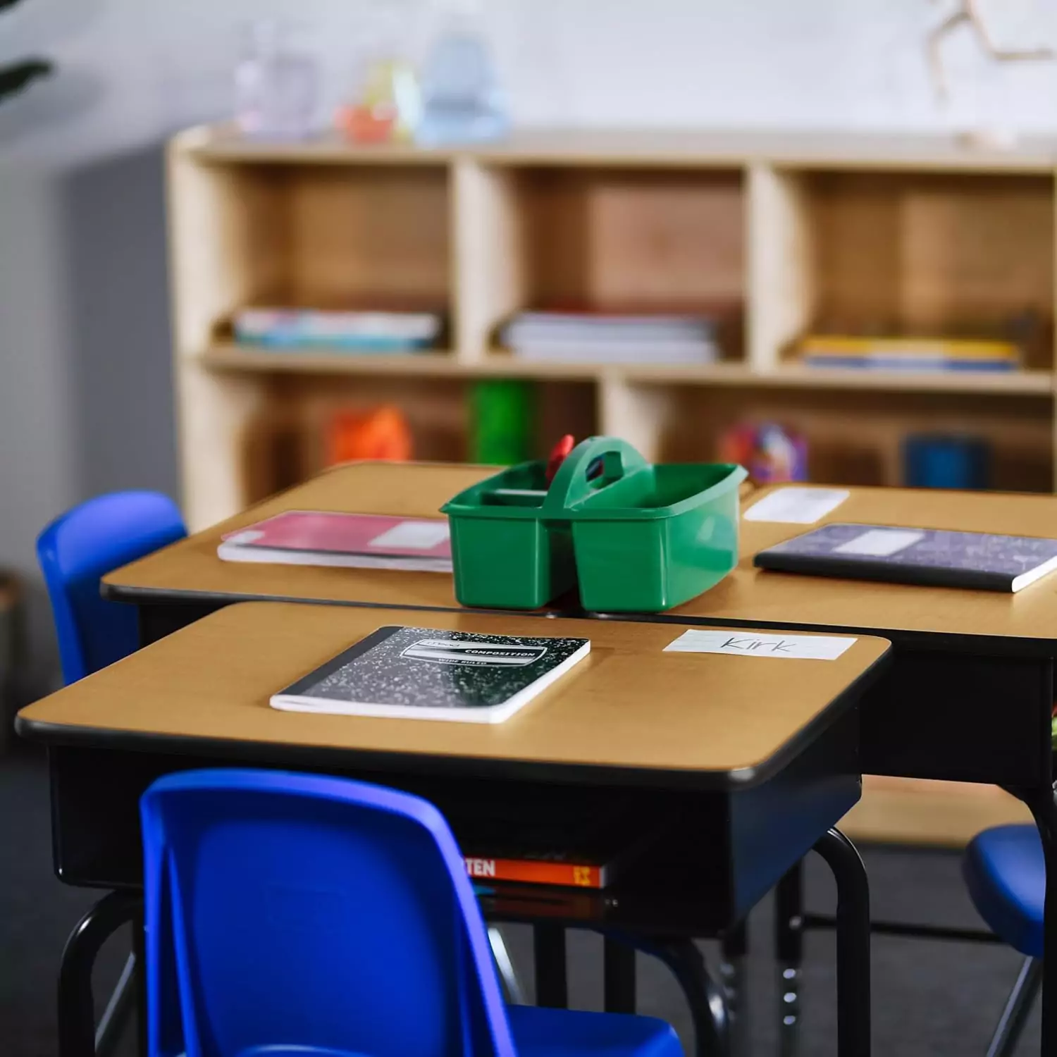 Modern adjustable desk featuring metal storage compartments and an oak finish, ideal for enhancing classroom furniture with functionality and style.
