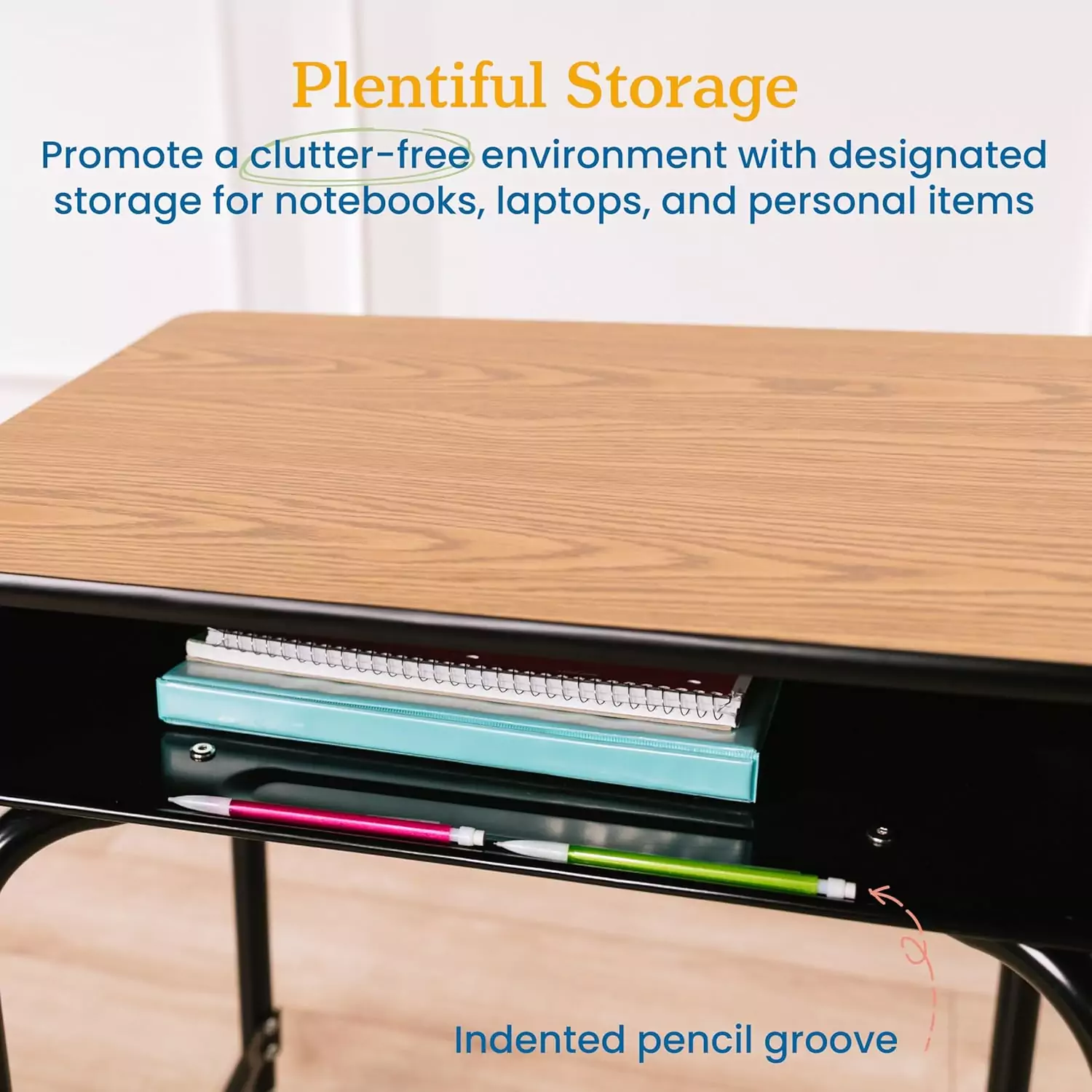 Adjustable desk with metal storage unit, featuring an oak finish, ideal for enhancing classroom furniture in educational environments.