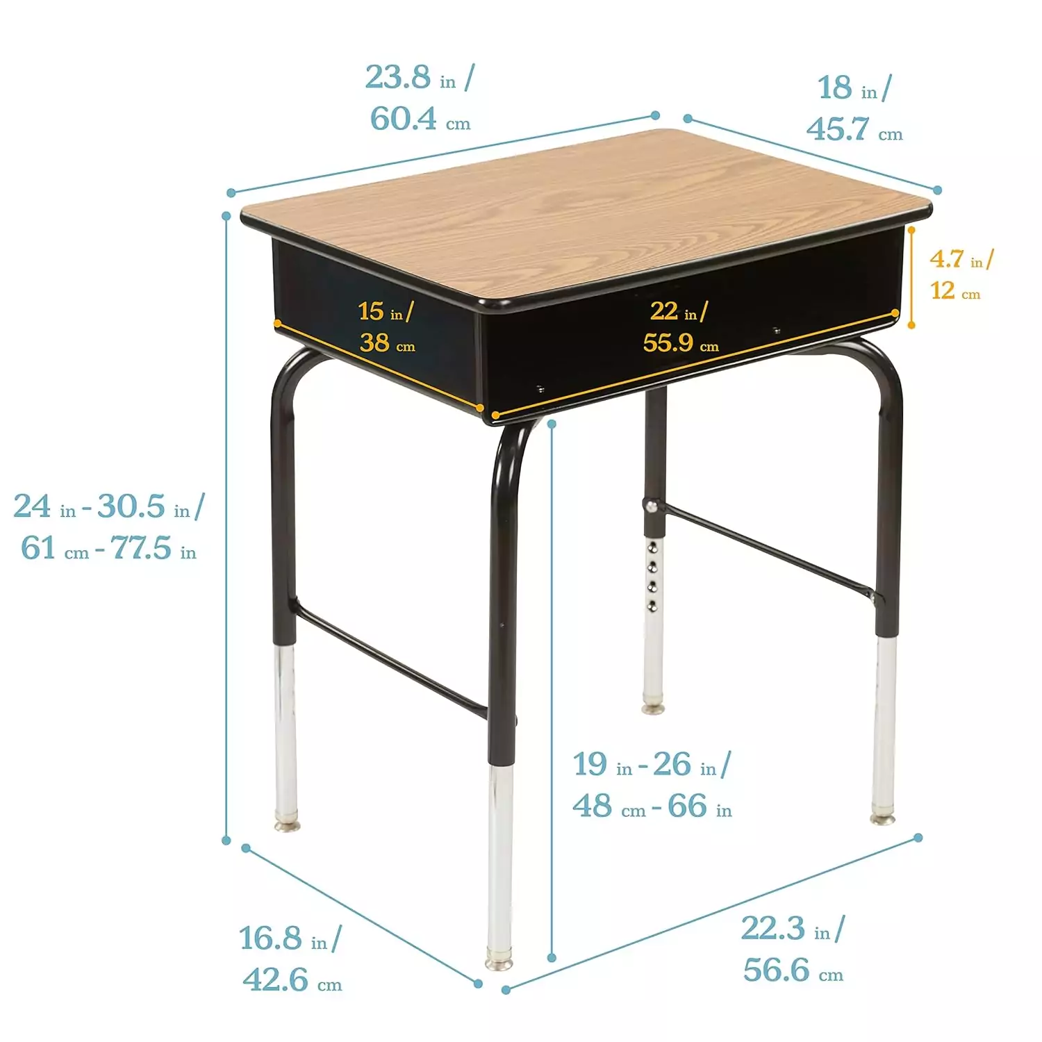 Adjustable Oak Finish Classroom Desk with Metal Storage by ECR4Kids – Ideal Study Furniture for Versatile School Use and Student Organization.