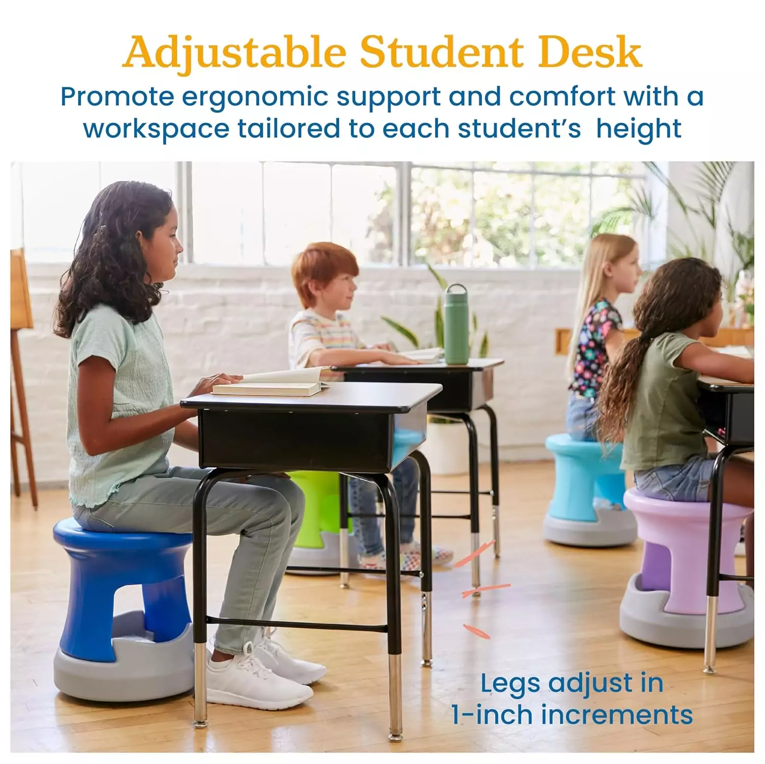 Oak Finish Adjustable Open Front Desk with Metal Storage for Classroom Furniture; Ideal for Schools; Durable and Functional Design.