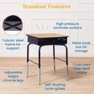 Oak finish adjustable desk featuring built-in storage ideal for classrooms, combining functionality with a stylish design for organized learning spaces.