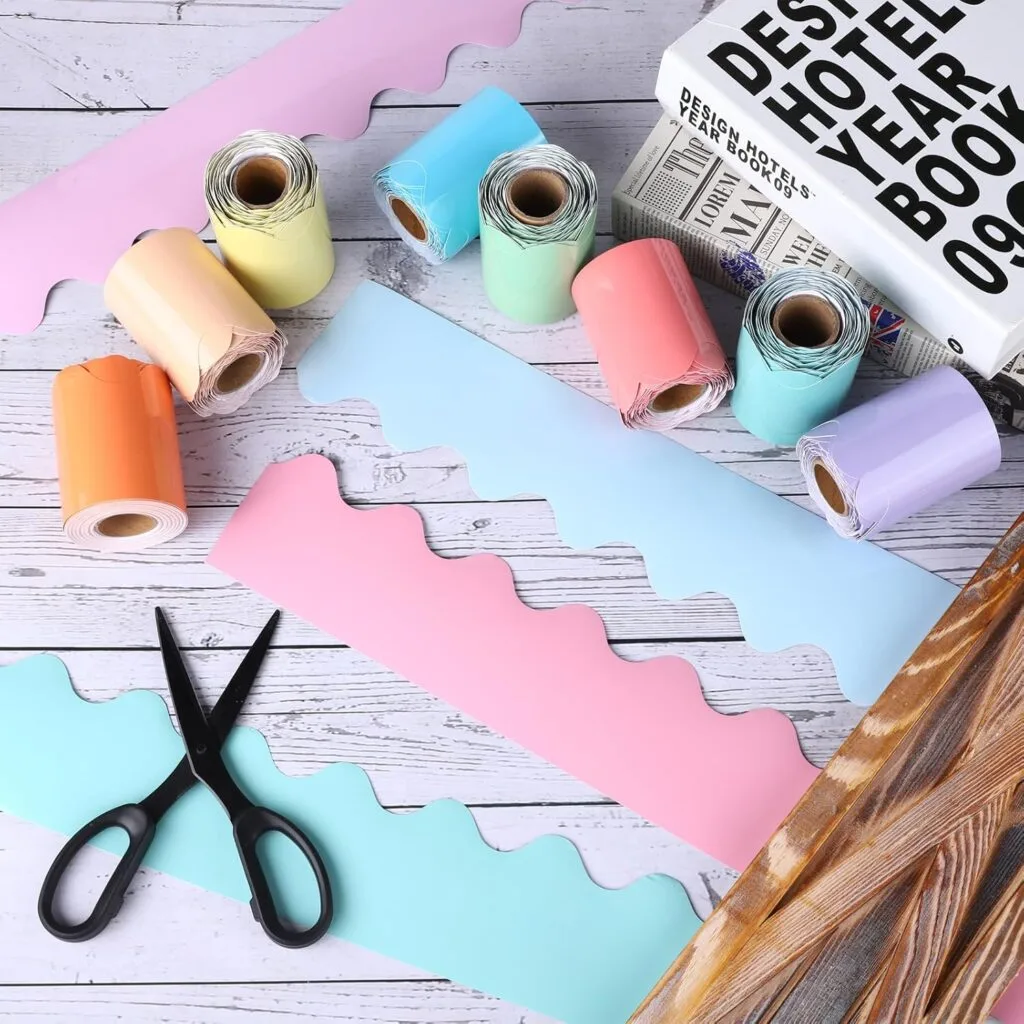 Colorful Macaron Scalloped Bulletin Board Borders - 12 Rolls for Classroom Decor. Enhance learning spaces with vibrant, eye-catching design.