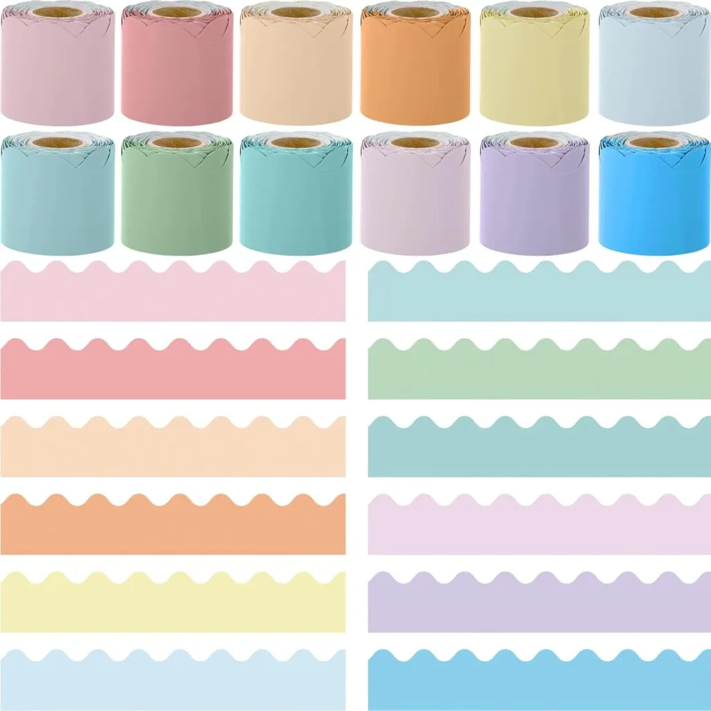 Vibrant Macaron Colors Scalloped Bulletin Board Borders for Classroom and Office Decor - 12 Rolls for Eye-Catching and Stylish Design