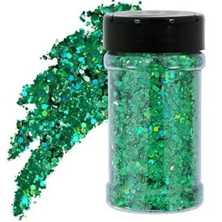 Emerald green holographic chunky glitter torc, perfect for resin crafts and classroom projects, available in a 4oz container. Ideal for decoration and art.