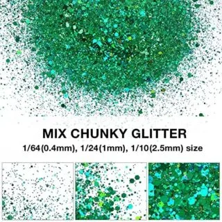 Emerald green holographic chunky sparkle resin for classroom projects, ideal for unicorn-themed crafts, adds shimmering glitter effects.